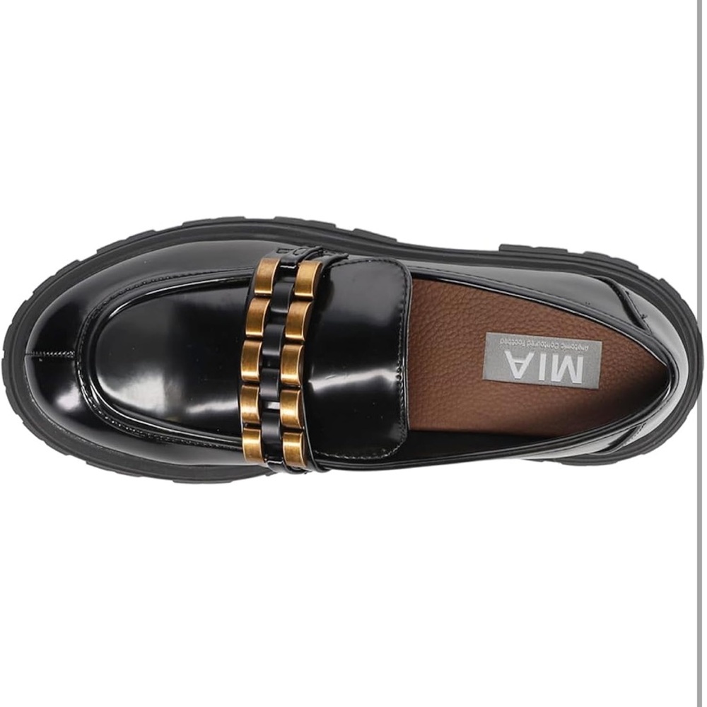 MIA Glossy Black Loafers with Gold Chain